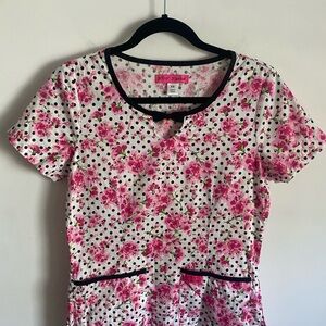Betsey Johnson Pink Floral and Black Polka‎ Dot Scrub Top